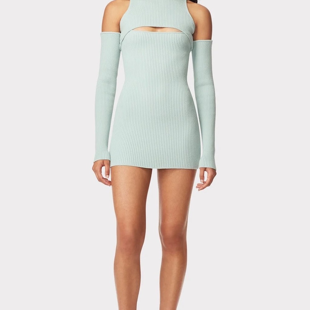 Herve Leger RIB DRESS WITH CUT OUT LONG SLEEVES (S) in "Matcha" green/blue colo